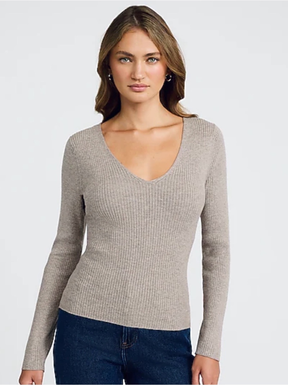 Express Silky Soft Fitted Ribbed Long Sleeve V-neck Sweater Taupe Beige MEDIUM